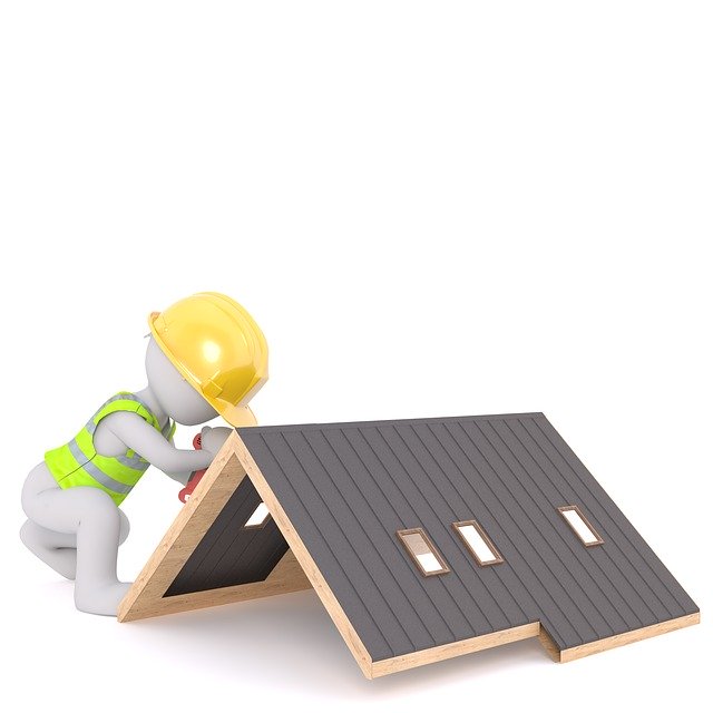 Cartoon image of a worker drilling into a roof